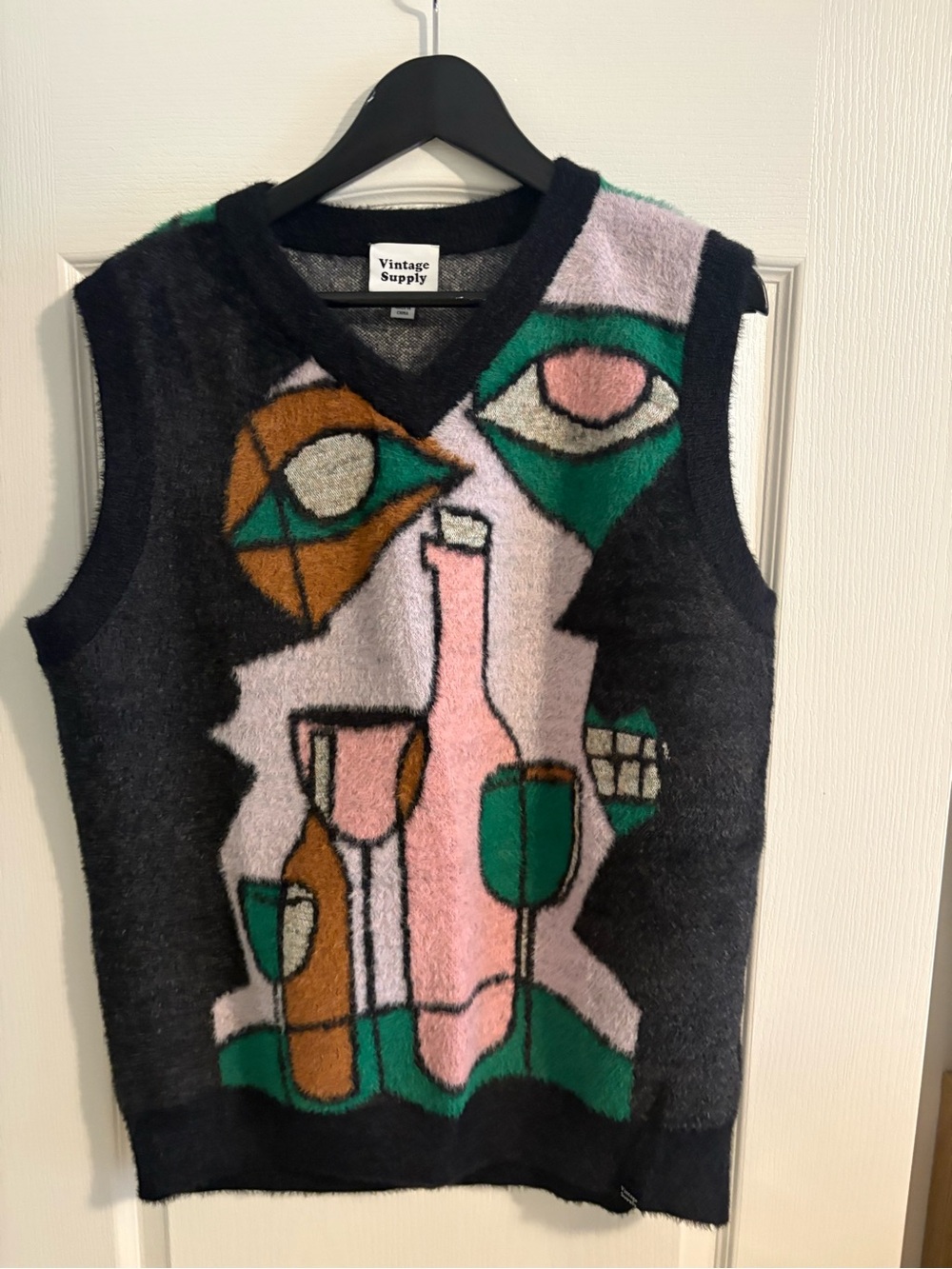 Men’s V-Neck Sweater Vest — Black with Pink & Green Abstract Motif